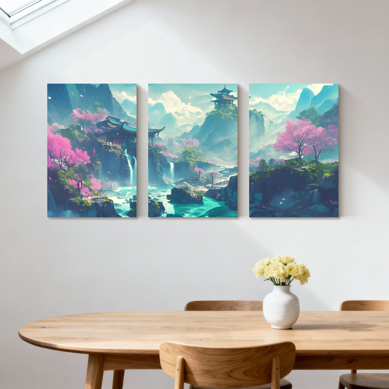 Paysage et paysage de montagne, paysage de cascade de cerisiers en fleurs, ensemble de 3 impressions sur toile