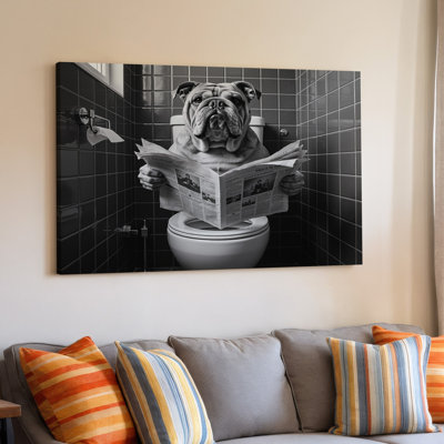Black And White Bulldog Reading Newspaper On Toilet Bathroom Canvas Wall Art Print For Living Room, Bedroom, Office, Hallway, Entryway, Gallery Wall And Modern Home Decor