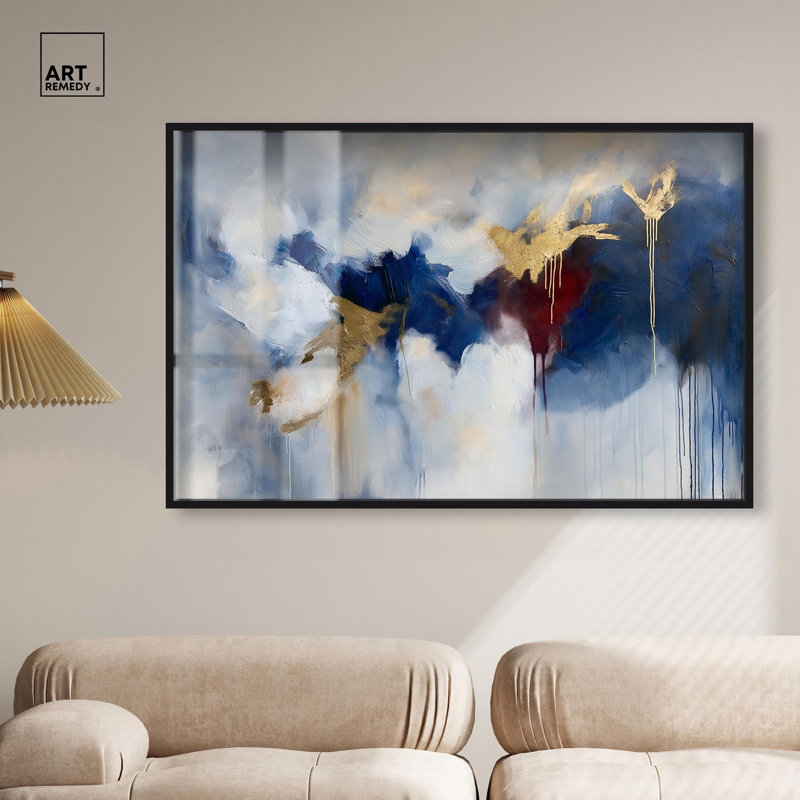 «Eclipse of Gold and Blue Shadowbox», art mural bleu par Art Remedy, H 37 po x l 55 po, Noir