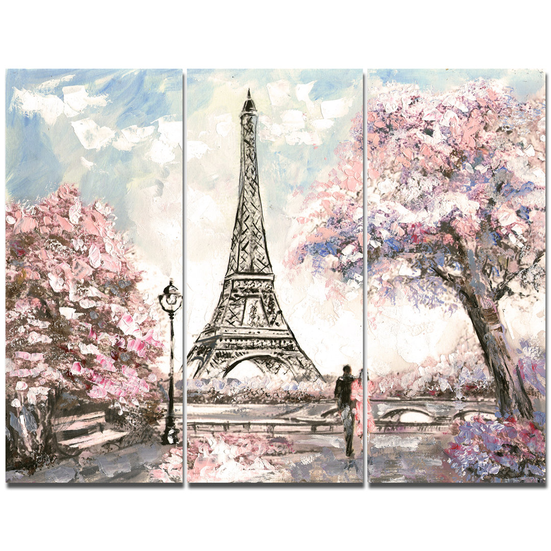 " Eiffel With Pink Flowers " 3 - Pieces House of Hampton®