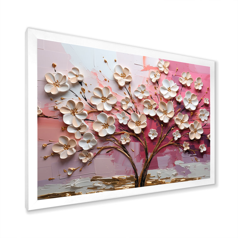 Orchidée rose et or jardin de branches II - art mural arbre, Cadre d'angle fermé blanc, H 12 po x l 20 po x P 1 po