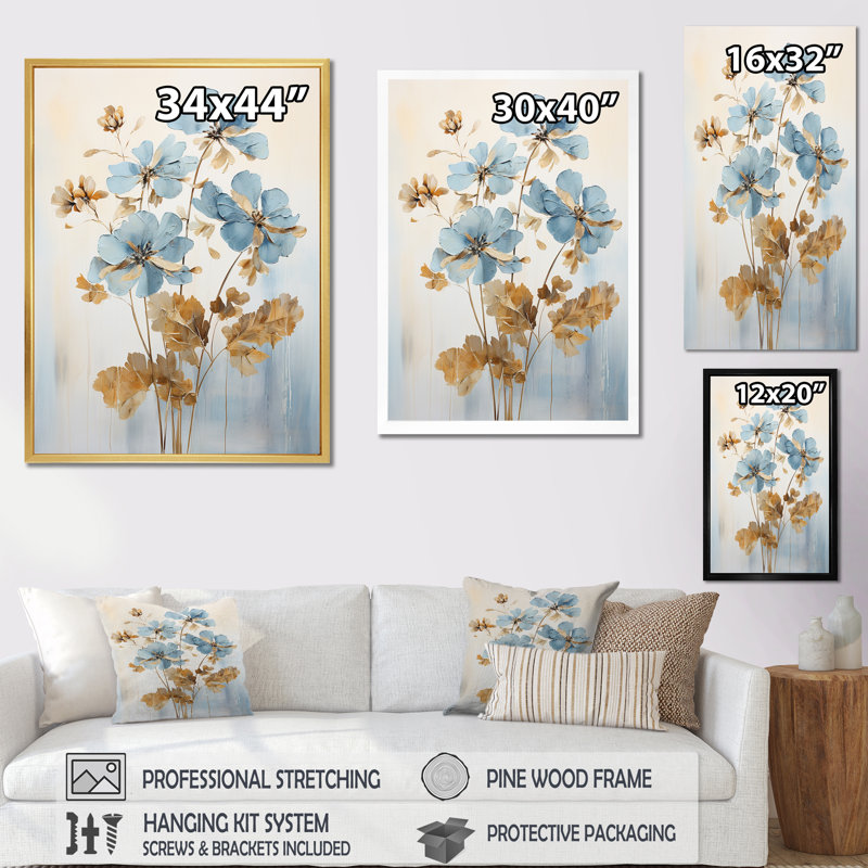 Beige et géraniums bleus - I, Cadre doré simple, H 40 po x l 30 po x P 1,5 po