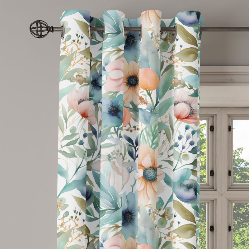 Dakota Fields Spring Floral Grommet Curtain Romantic Garden Bloom Seafoam Peach White, 50" W x 84" L