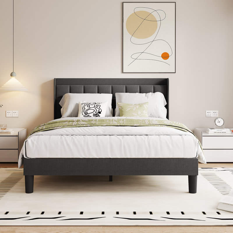 Linen fabric soft bed frame with USB charging port, Single (3'), Grey