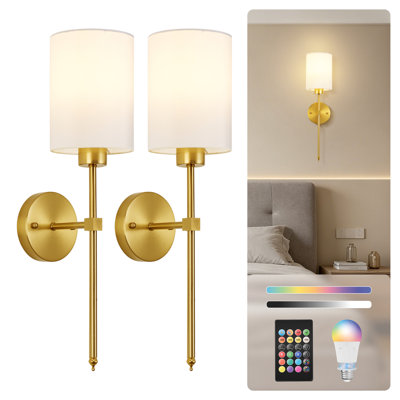 2-Pack Battery Operated Wall Sconces with Remote Control & Fabric Lampshade, 1800k-6000k/ Dimmable/  RGB/ Timer/ Memory, 20.5 Inch