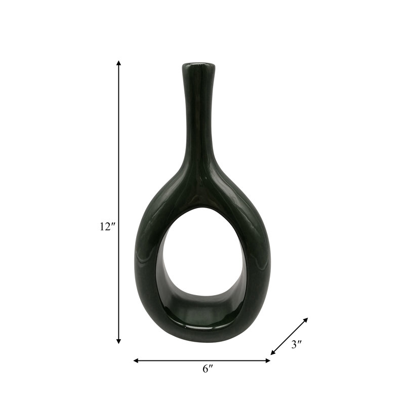 Ceramic Circle Cut-Out Contemporary Round Vase, Green, 12"H x 3"W x 6"D