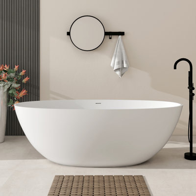 65 inch Oval Freestanding Bathtub, Stone Resin Soaking Tub with Overflow & Pop-up Drain, Matte White for Modern Bathroom