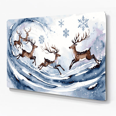 Christmas Reindeer playing in the snow Blue Metal Wall Art