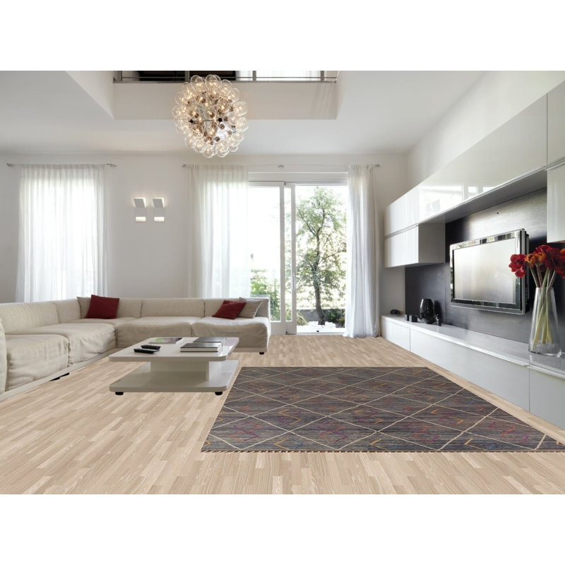Tapis marocain gris et bleu à motif de treillis 9 x 13