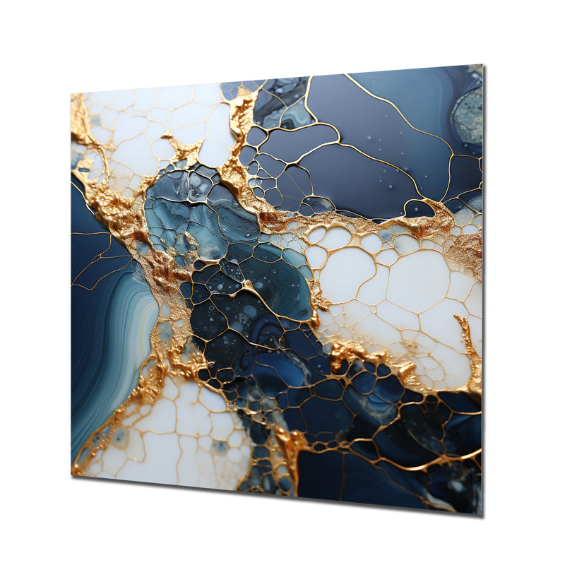 Encre de marbre dorée et bleue - Art mural abstrait à l'encre liquide, H 36 po x l 36 po