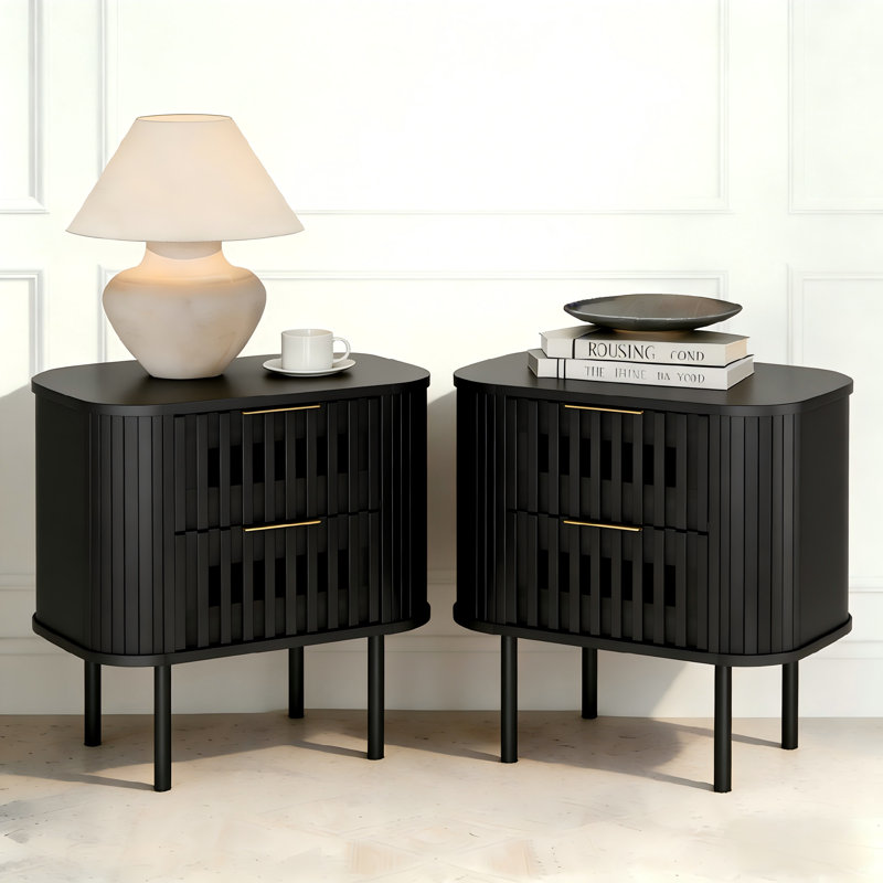22.5" Fluted Nightstand with 2 Drawers Set of 2, Black, Black