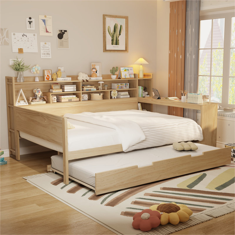 Natural Pine Full Daybed with Storage Shelves and Study Desk