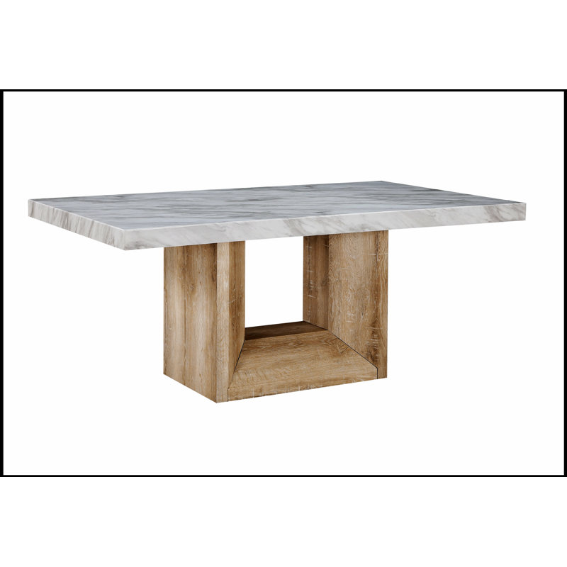 Table de salle à manger en bois naturel SHEena avec plateau en faux marbre, durable et élégant pour les intérieurs modernes