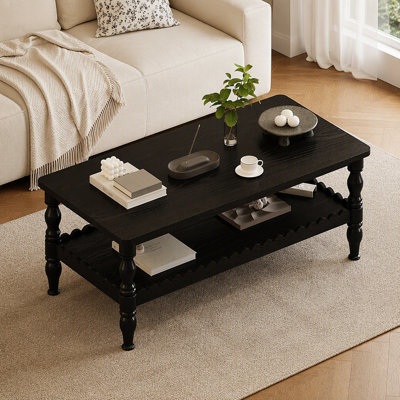 Rectangle Solid Wood Coffee Table, Farmhouse 2 Tier Center Table with Storage Shelf, Lacquered Classical Legs, Easy Assembly Sofa Table for Living Room, Black