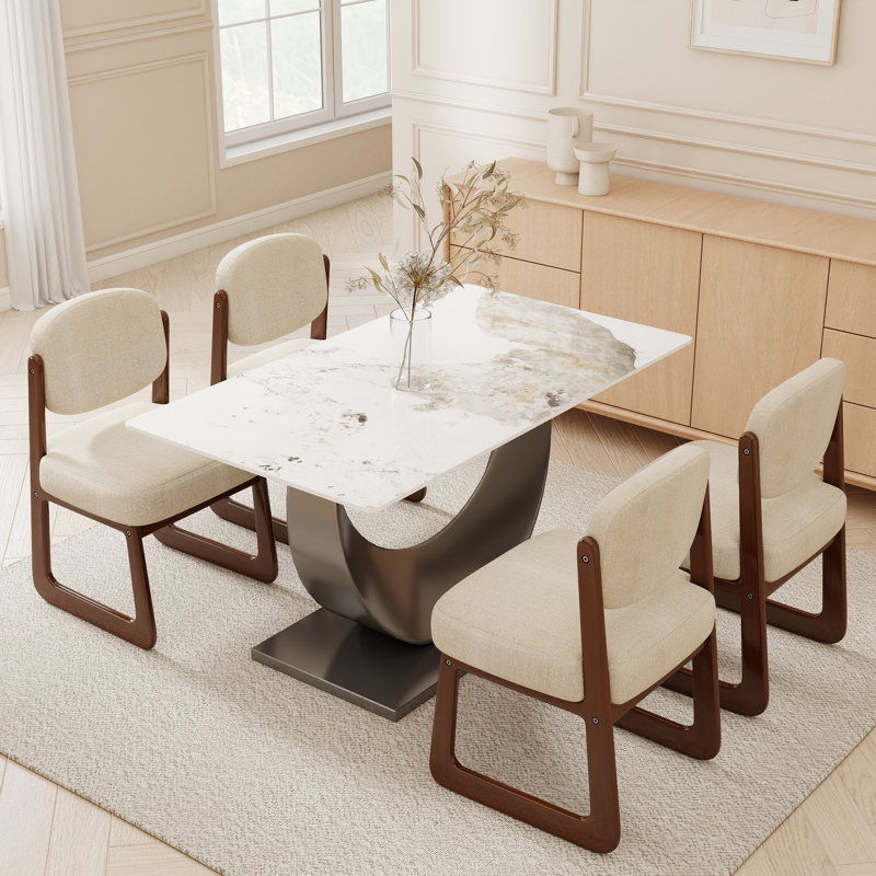 Ensemble de salle à manger 7 pièces avec 4 chaises en bois massif, Beige, Brown