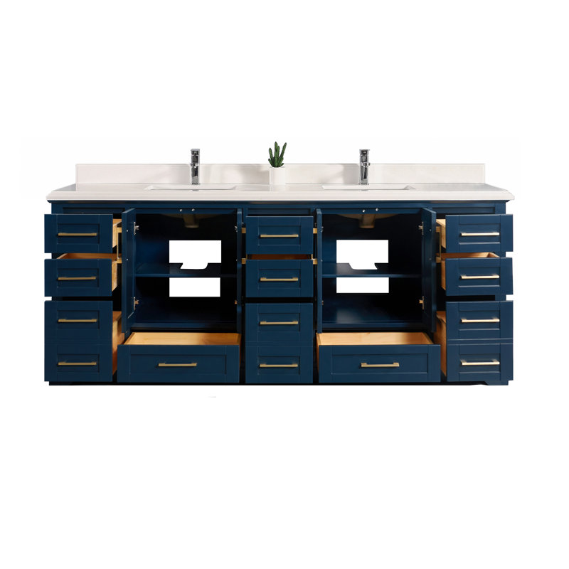Ensemble de meuble-lavabo double 84 po Boston, Blanc biseauté, Bleu marine