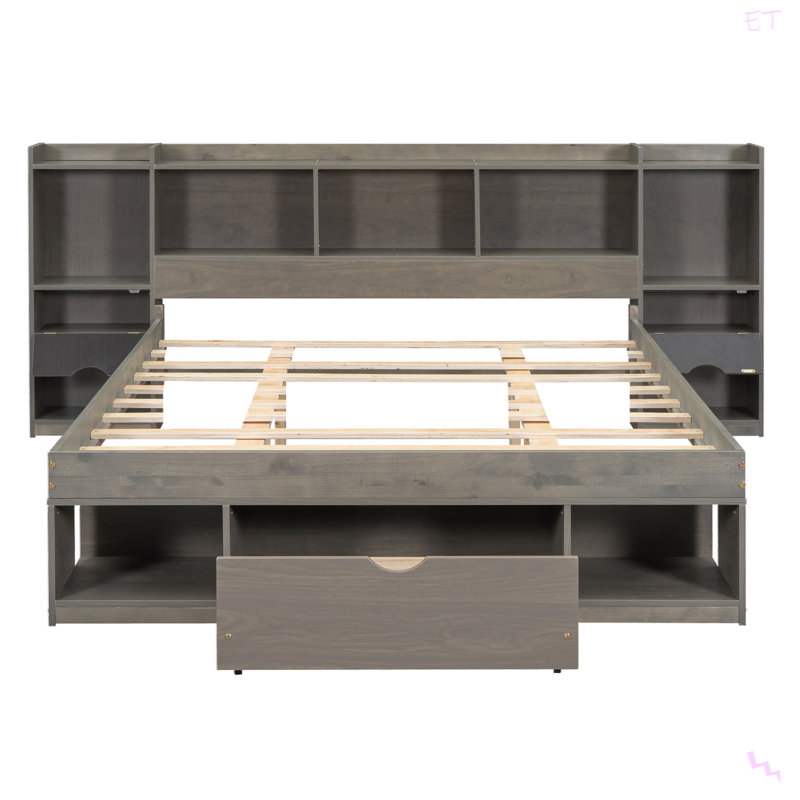 Lit plateforme en bois avec tête de lit à rangement multiple et tiroir, Gris