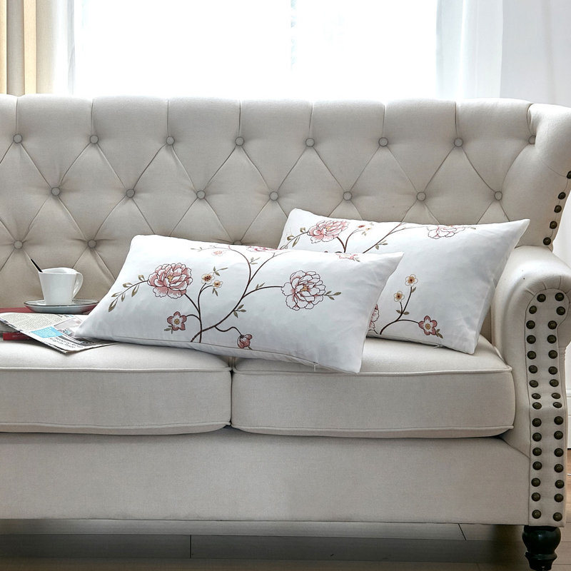 Burgundy Floral Embroidered Canvas Lumbar Pillow Set