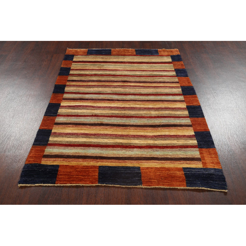 Tapis orange / bleu en laine noué à la main de conception unique 4 pi 3 po x 6 pi 3 po New Age