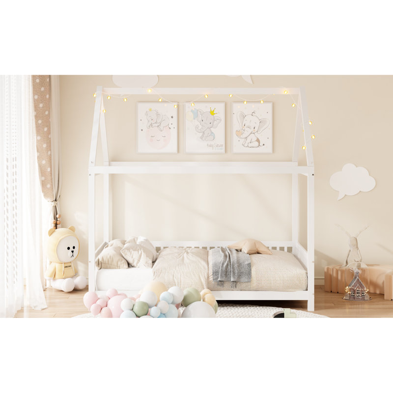 Lit en bois avec garde-corps et DEL, pleine grandeur, blanc, Full