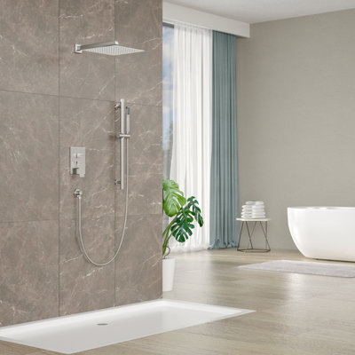 Système de douche - Pomme de douche à effet de pluie et pomme de douche à main 10 po, ensemble de garniture de robinet de douche de salle de bain avec valve combinée, nickel brossé