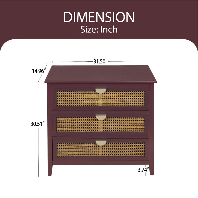 Chused 3 Drawer Accent Cabinet Dresser, Rattan Chest Drawers, Storage Cabinet with Metal Handles, Red