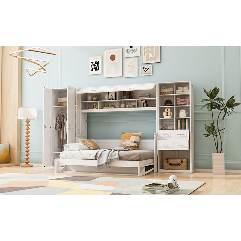 Lit escamotable double pleine grandeur avec placard, tiroirs et tablettes, blanc, Lit double, Blanc