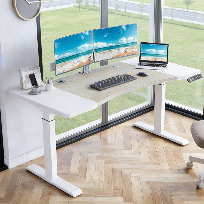 Bureau d'ordinateur debout à hauteur réglable 63 po x 30 po, Blanc / Chêne clair