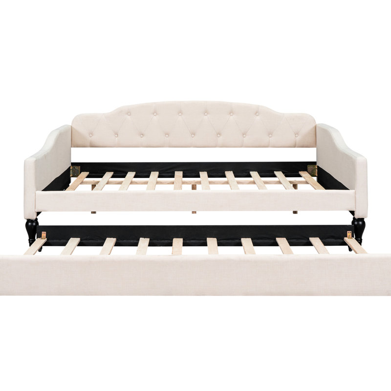 Full Size Daybed With Twin Trundle, Beige - Practical And Attractive Furniture Upholstered Cover Trundle & Eye-Catching