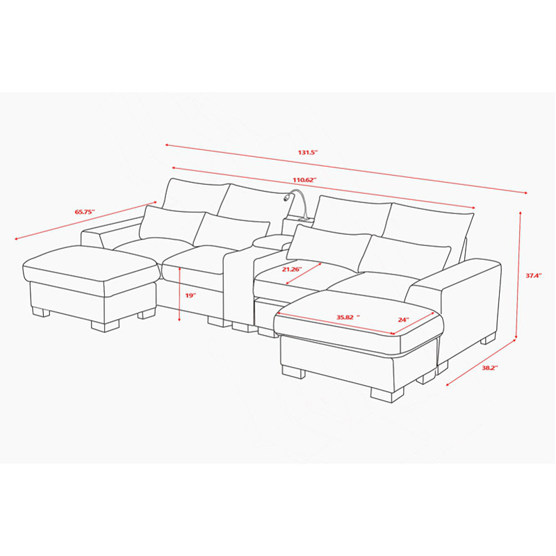 Canapé modulaire moderne avec console, port de charge USB, lampe de lecture, porte-gobelet, Tissu beige