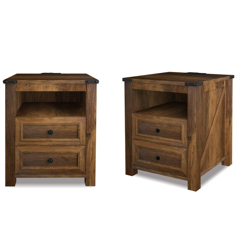 Tables de chevet avec station de charge, table de chevet rustique de 18 pouces avec 2 tiroirs de rangement et tablette ouverte