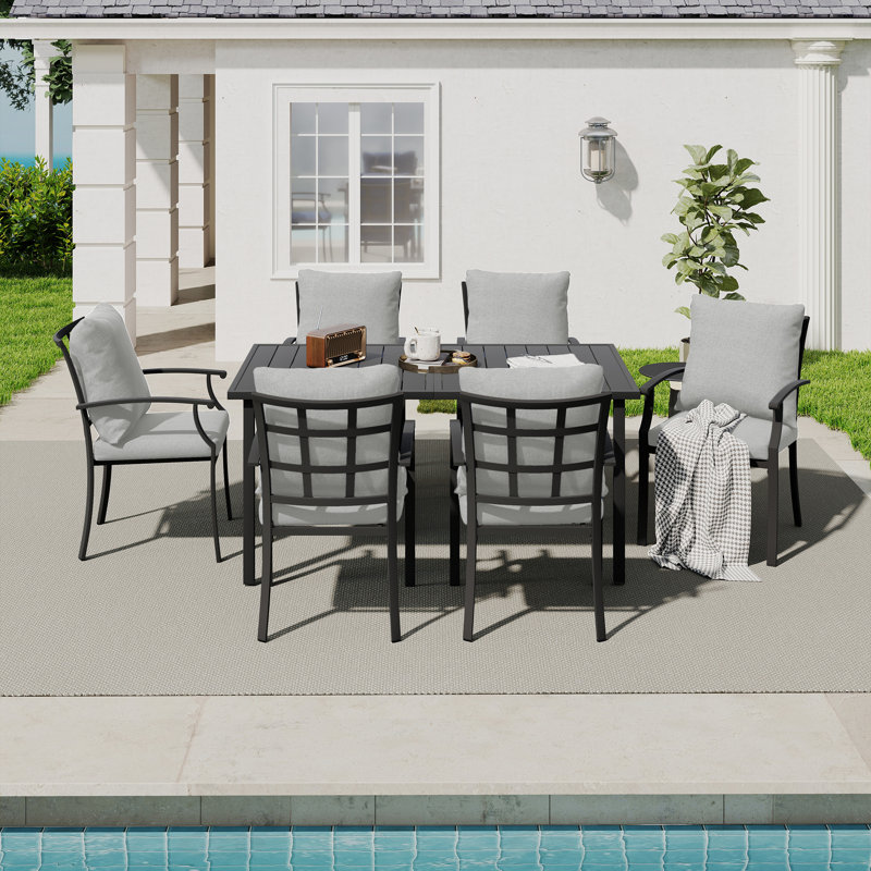 Maynard 7-Piece Black Metal Patio Dining Set With Rectangular Table And Gray Cushions, Gray