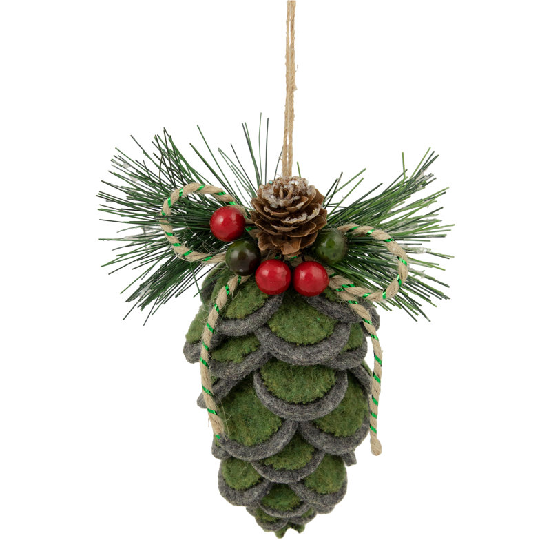 Ornement de Noël pomme de pin en feutre vert avec baies 6 po