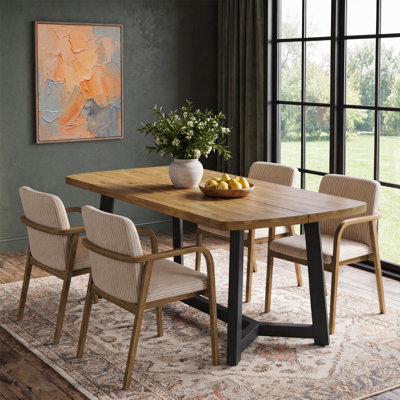 Table de salle à manger en bois de pin massif 63 po, table de ferme rectangulaire avec cadre en métal robuste