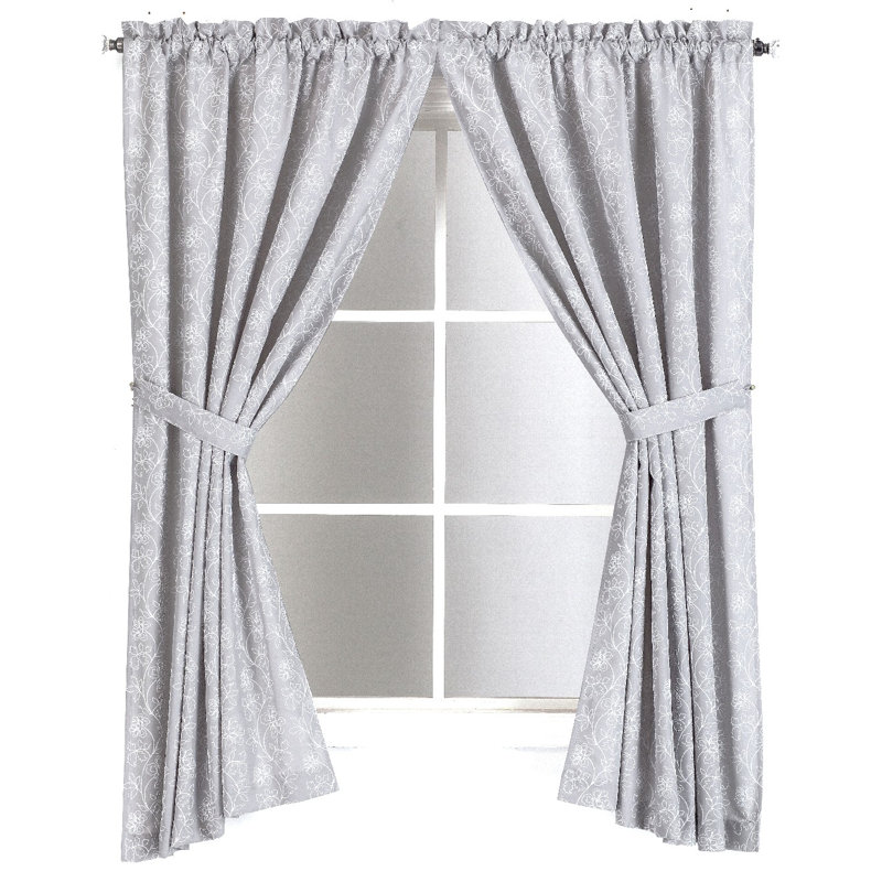 2 pcs Embroidered Pocket Curtains, Grey, 28" W x 30" L