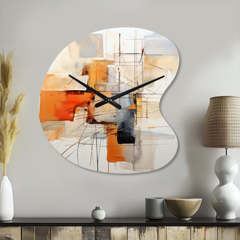 Orange Grey Line Art Abstract Expressionism - Line Art Asymmetrical Metal Clock, Orange Unique Shape Metal Clock Print, Large