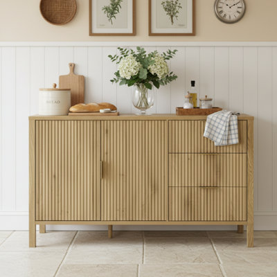 Sideboard Buffet Cabinet With 3 Drawers, Fluted Doors, Extra Center Leg Support & Dual Hooks, Modern Storage Console & TV Stand For Dining Room, Livin