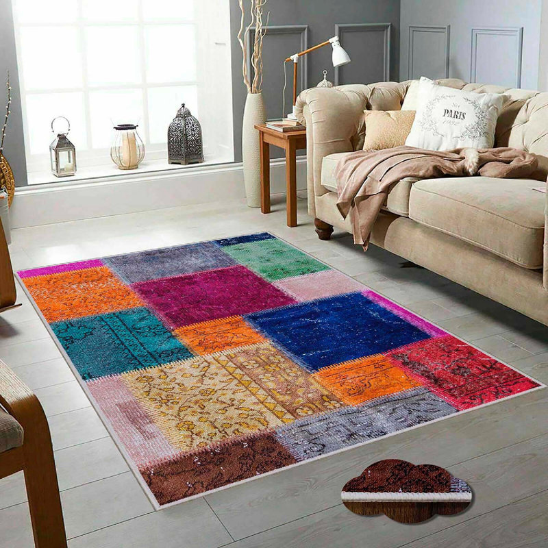 Elegant Machine Washable Area Rug, 100% Cotton, 3.3 x 9.8 ft | Antibacterial, Non-Slip PVC Underside, 0.3 in Pile Height | Vibrant Pink, Orange, Green, Cream & Navy | Durable Dot Base for Indoor Use