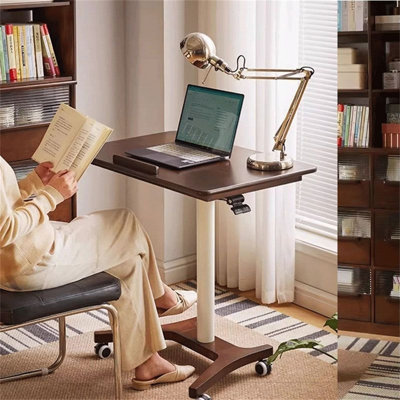 Adjustable Height Mobile Laptop Desk with Tilt Tabletop, Solid Wood Folding Study Table on Wheels for Bedroom, Living Room or Home Office