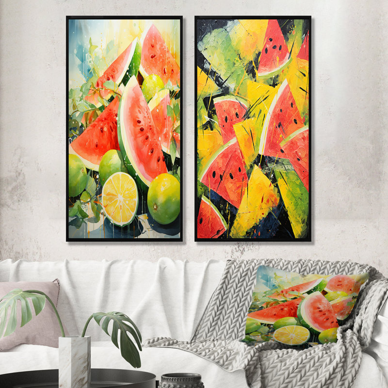 «Red Vibrant Melon Palette I», ensemble d'art mural sur toile Melon, Cadre flottant noir, H 32 po x l 33 po
