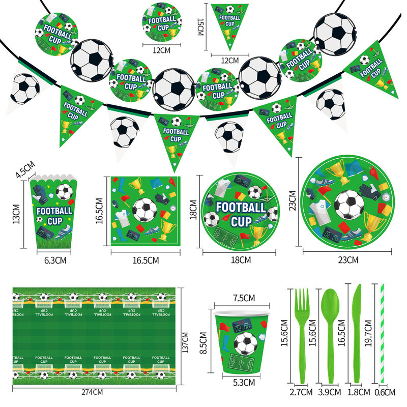 Vaisselle jetable Articles de décoration de fête d'anniversaire sur le thème de football, assiettes en papier jetables, tasses, serviettes, serviettes