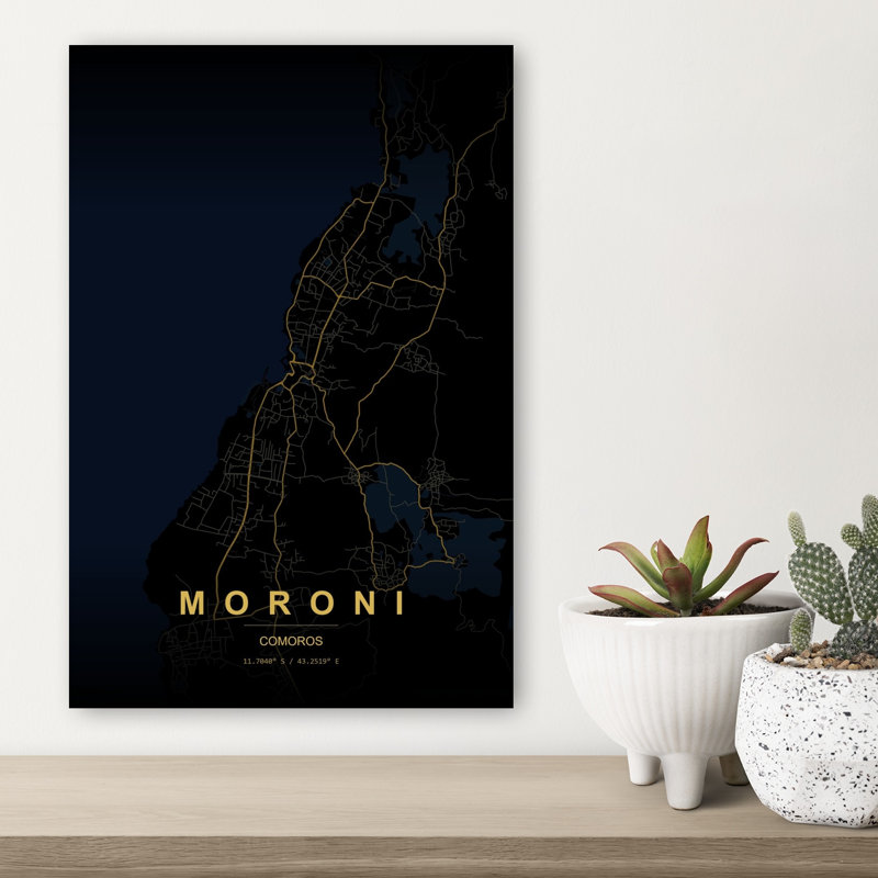 Moroni Night Map Abstract Minimalist Modern City Coastal Wall Art Print 1 Piece Wrapped Canvas Wall Art