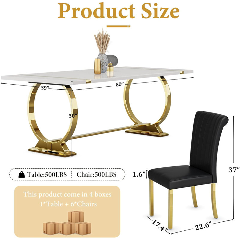 Ensemble de table de salle à manger 7 pièces blanc et argent avec 7 chaises en cuir blanc, 7 pièces: table, 6 chaises, Blanc