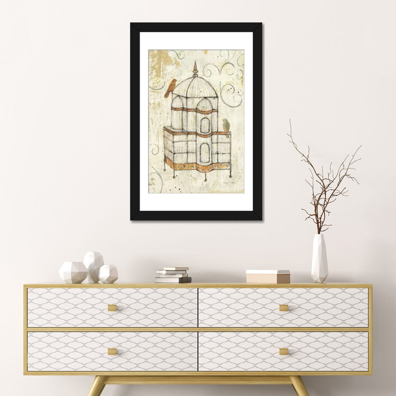 Impression sur toile Birdcage, H 24 po x l 16 po x P 1 po, Papier avec cadre noir, Blanc