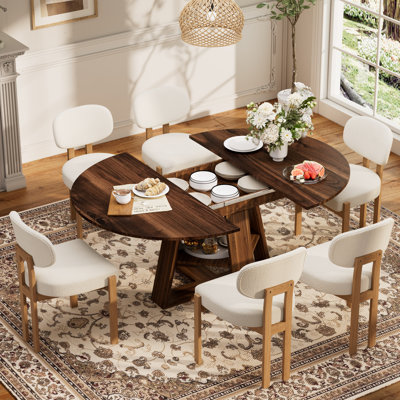 Multi-Functional 43.3"-59" Extendable Dining Set With Storage Shelf And Chenille Fabric Chairs, Space-Saving Family Dining Table Set