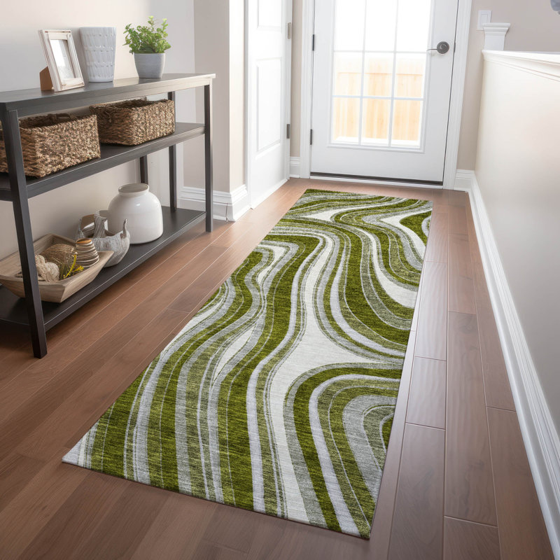 Premium Machine Washable Prisco Olive Rug, Runner 2'3" x 7'6"