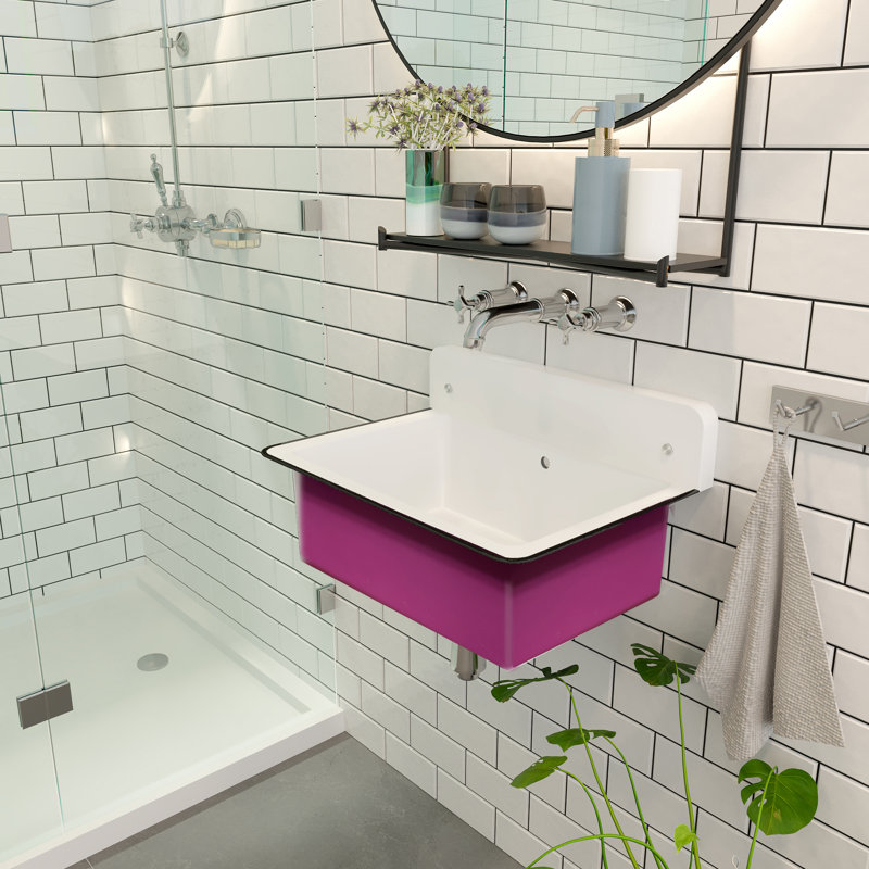 Anchor 14" Iron Rectangular Wall Mount Bathroom Sink with Overflow, Pink