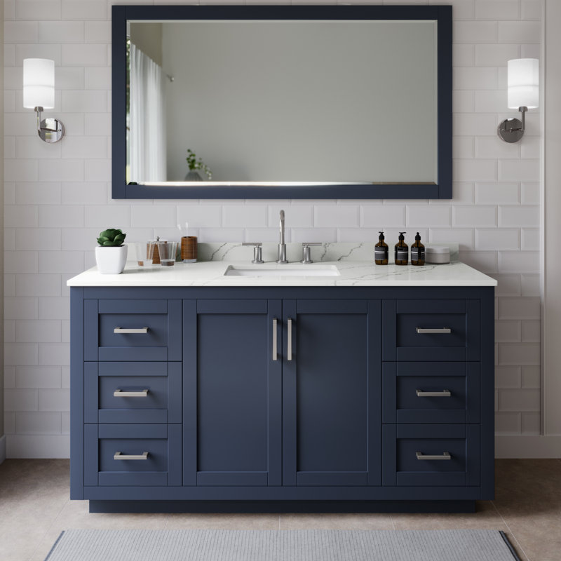 Miranda 66" Freestanding Single Bathroom Vanity with Quartz Top, Dark Blue, Giotto Quartz, Brushed Nickel