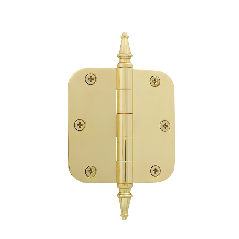 Nostalgic Warehouse 3.5" x 3.5" Steeple Tip Residential Hinge with 5/8" Radius Corners, Polished Brass