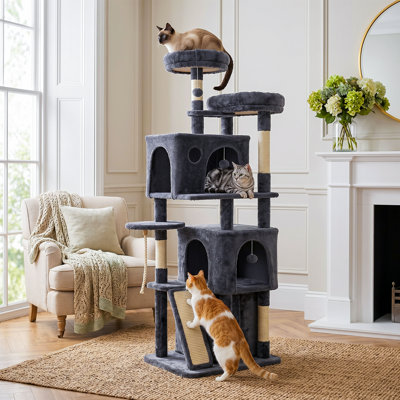 Grande tour d'arbre à chat à plusieurs niveaux de 66 po avec 2 condos à chat spacieux, poteaux à griffes et rampe en sisal, perchoirs moelleux et boules suspendues interactives, meubles de jeu d'intérieur pour chatons et grands chats